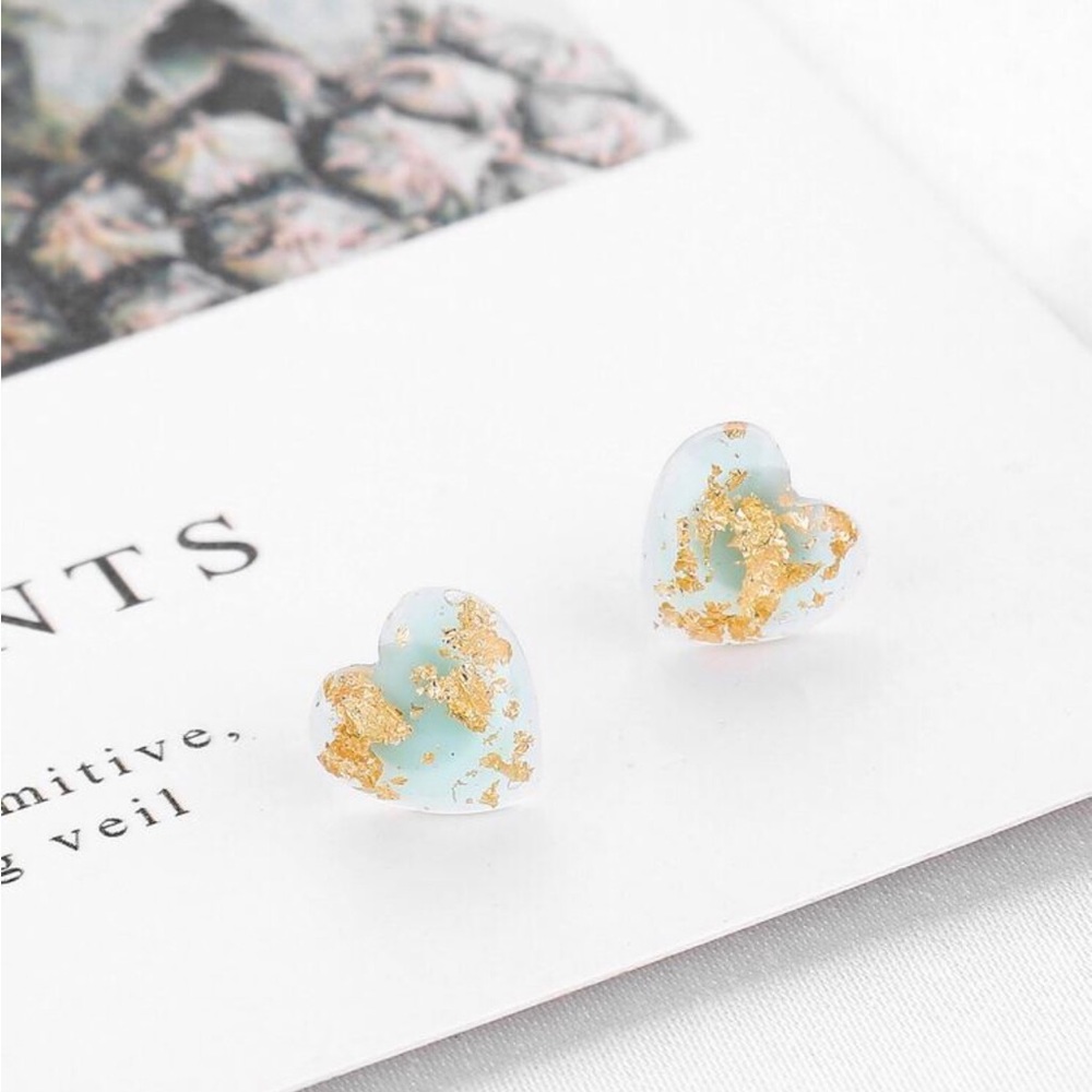 Blue Heart Gold Flake Fleck Glitter Sparkle Resin Dainty Tiny Stud Post Earrings - Picture 7 of 15